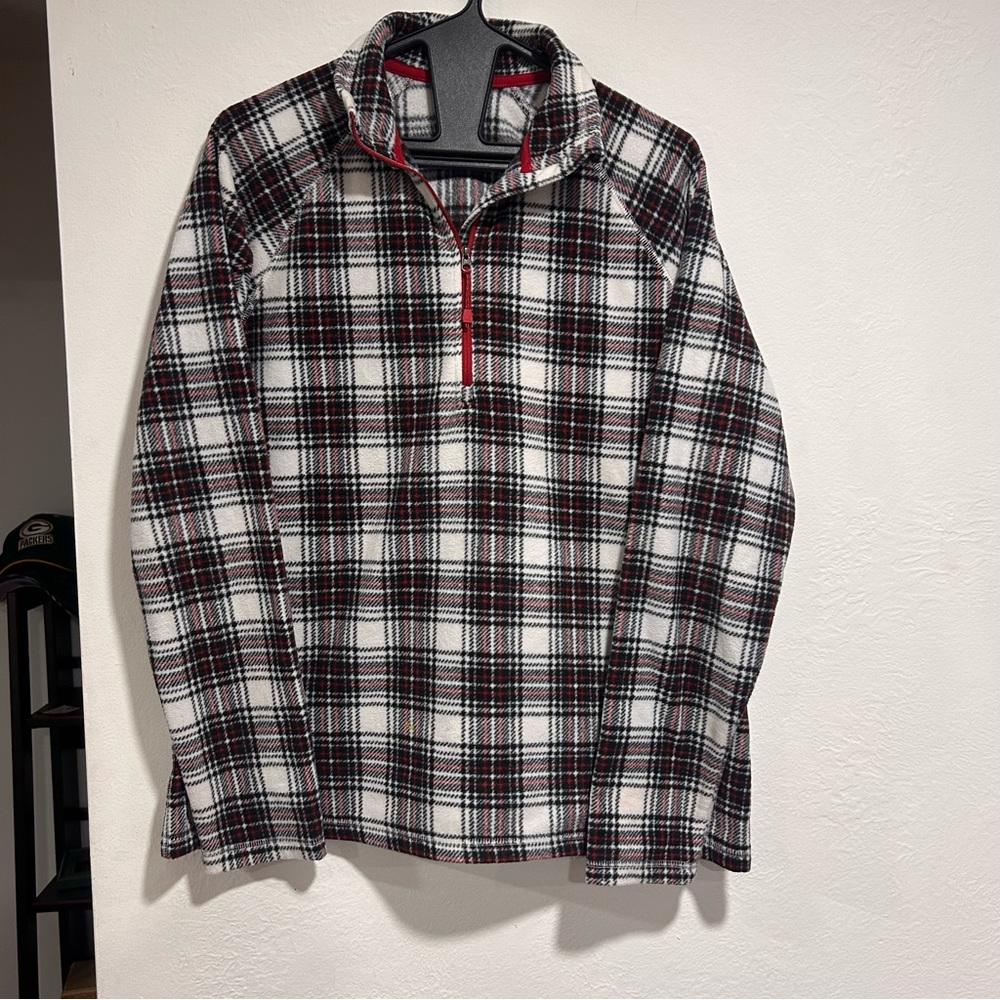 Eddie Bauer Womens 1/4 Zip-Up Plaid Sweater - Black, White, Red